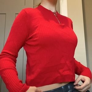 Red cropped long sleeve with zipper